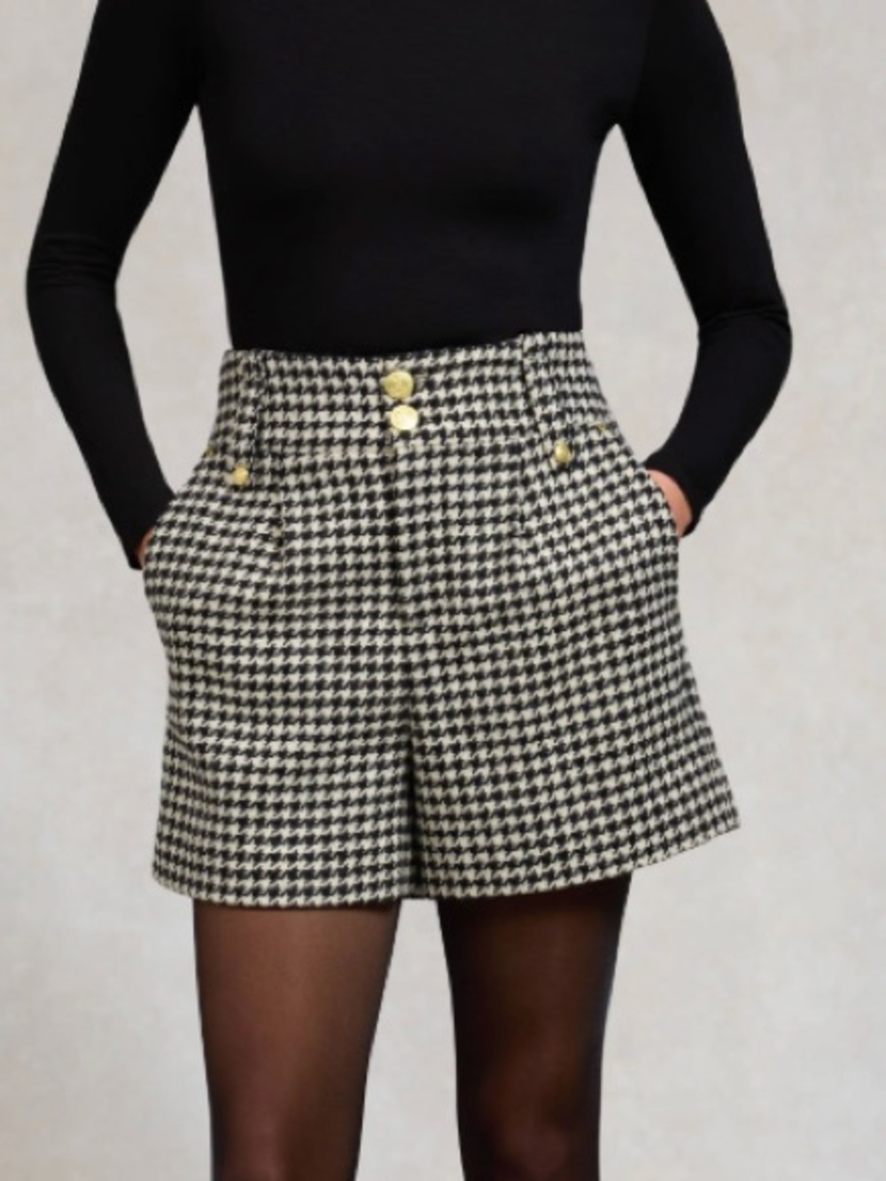 Houndstooth High-Waist Tailored Shorts - Black & White
